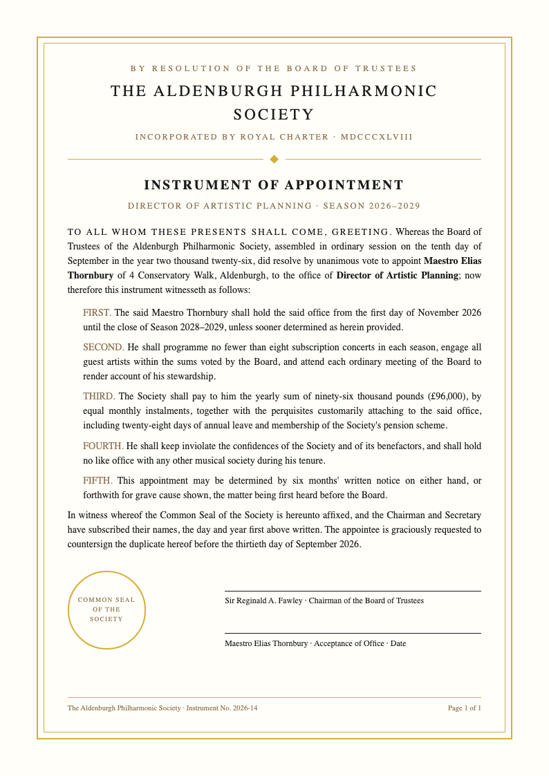 Ceremonial gold appointment letter